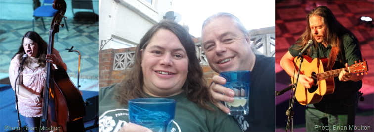 Banner picture. Clare Rozzell playing double bass and singing on stage. David and Clare rozzell toasting with tumbler glasses. David Rozzell playing acoustic guitar and singing on stage.