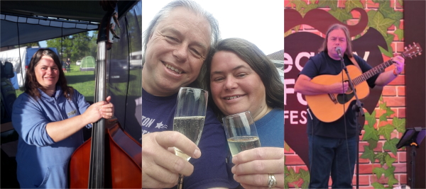 Banner picture. Clare Rozzell playing double bass and singing on stage. David and Clare rozzell toasting with tumbler glasses. David Rozzell playing acoustic guitar and singing on stage.